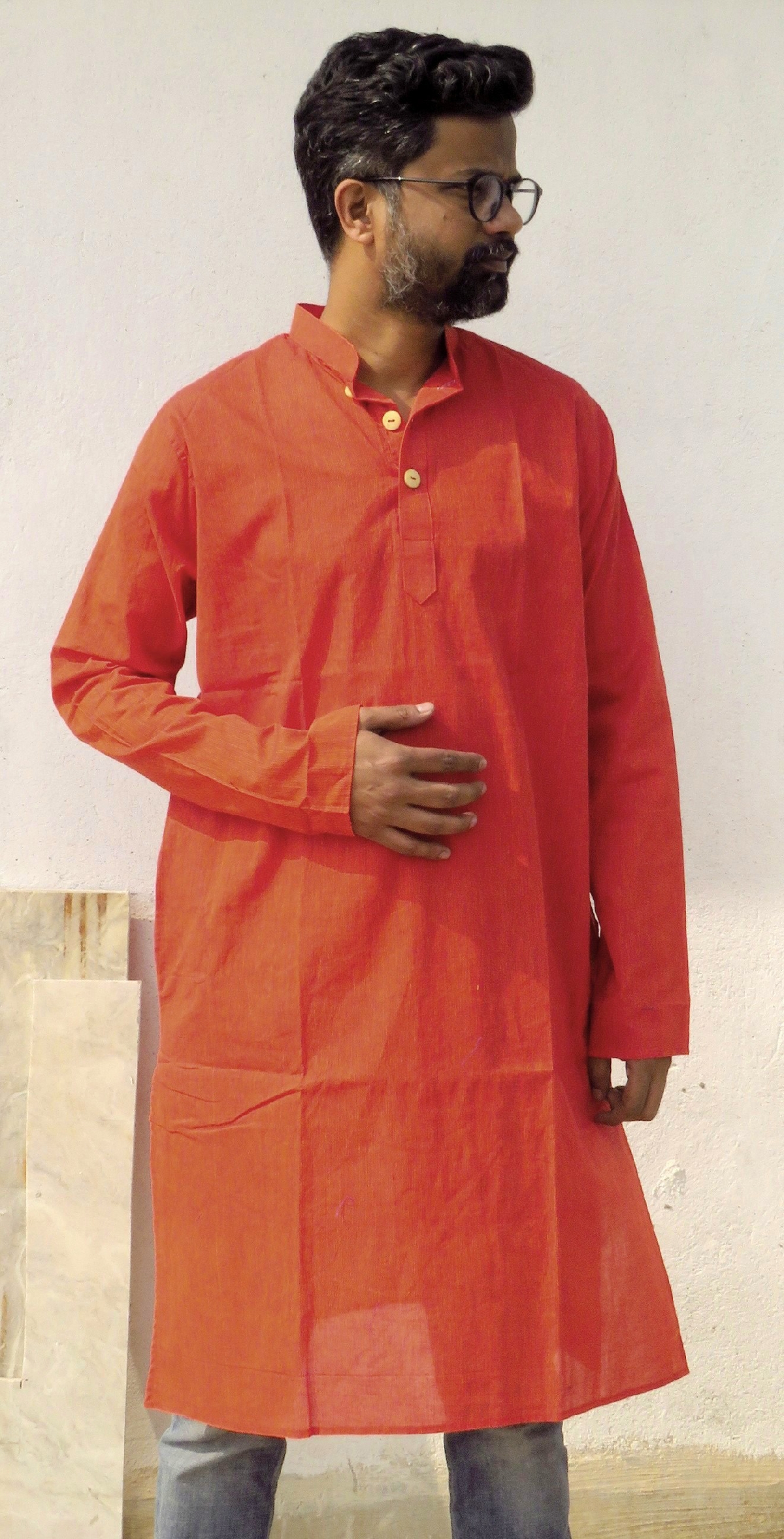 DhiMayu Men's pure cotton Long Kurta Rust Red