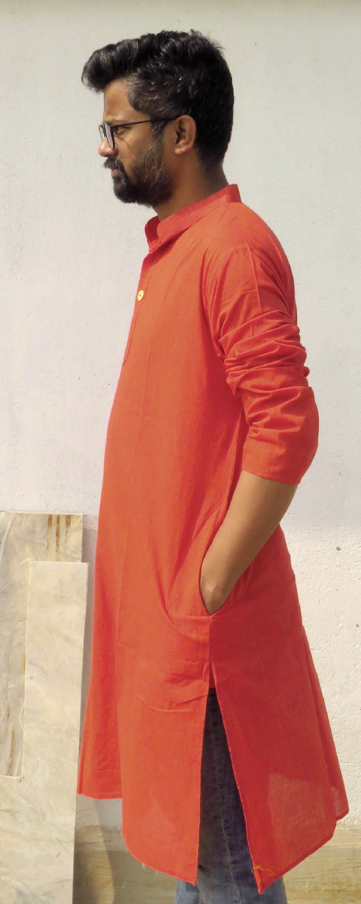 DhiMayu Men's pure cotton Long Kurta Rust Red