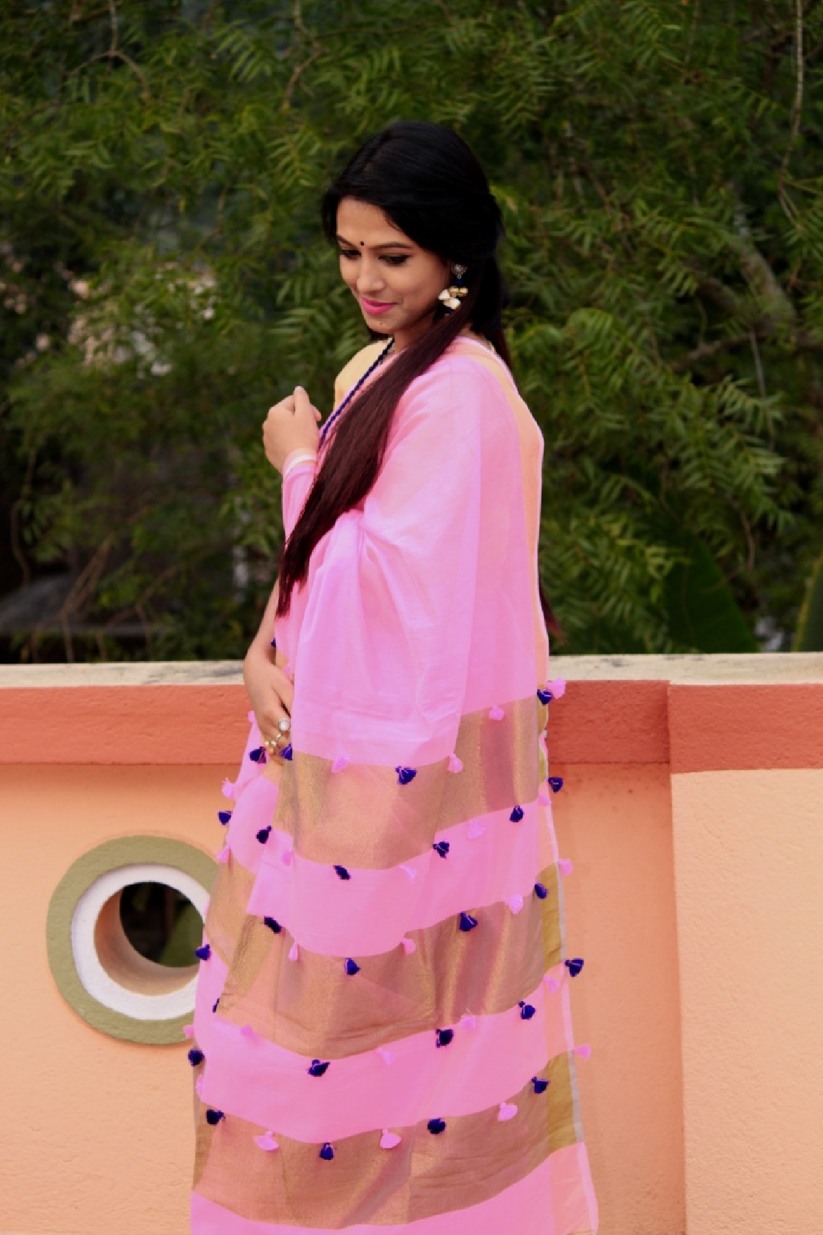 Handloom Anchsn Pom Pom Saree