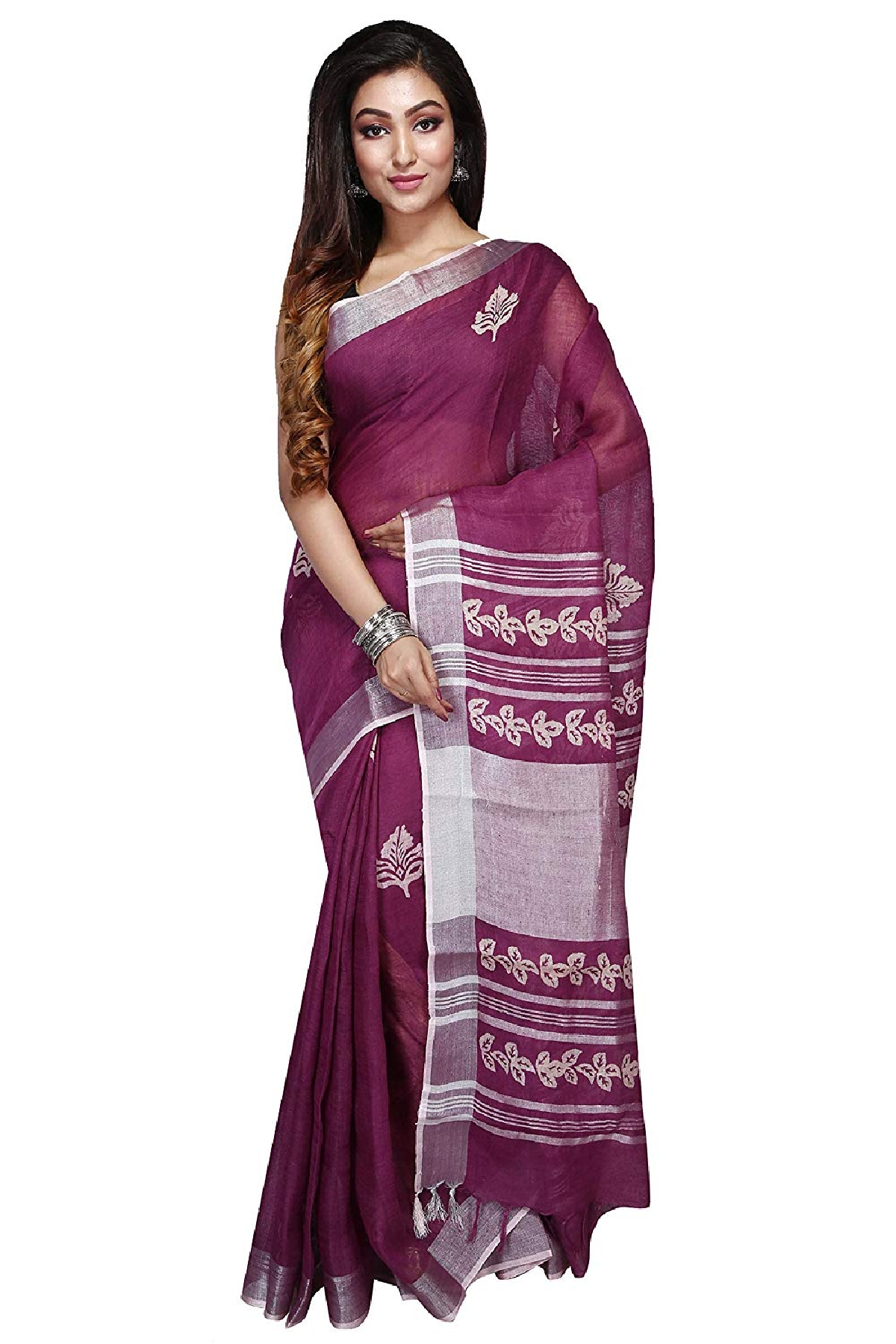 Swatika Ethnic Indian Bhagalpuri Block Printed Purple Colour Handloom Linen Saree/Sari with an unstitched Blouse Piece