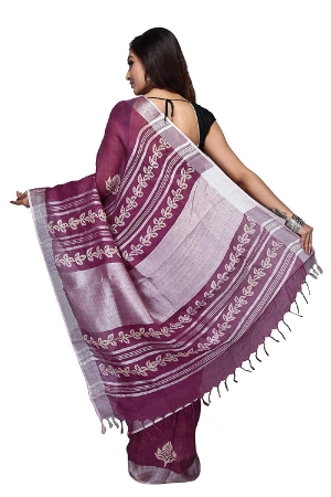 Swatika Ethnic Indian Bhagalpuri Block Printed Purple Colour Handloom Linen Saree/Sari with an unstitched Blouse Piece