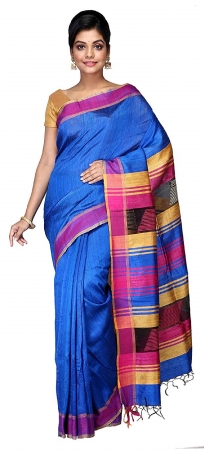 Swatika Ethnic Indian Bhagalpuri women's Handloom Blue Colour Pure Tusser Ghicha Dupion Silk Saree/Sari with an unstitched Blouse Piece