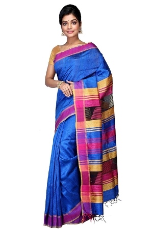 Swatika Ethnic Indian Bhagalpuri women's Handloom Blue Colour Pure Tusser Ghicha Dupion Silk Saree/Sari with an unstitched Blouse Piece