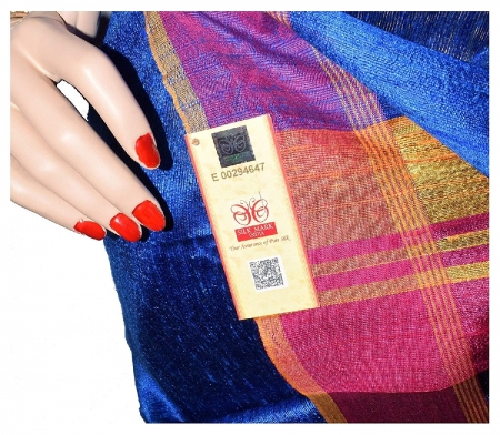 Swatika Ethnic Indian Bhagalpuri women's Handloom Blue Colour Pure Tusser Ghicha Dupion Silk Saree/Sari with an unstitched Blouse Piece