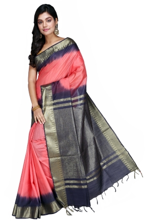 Swatika Ethnic Indian Bhagalpuri Handloom Zari Temple Peach-Blue Colored Mix Silk Saree/Sari with an unstitched Blouse Piece Model No - S9OTJJ048