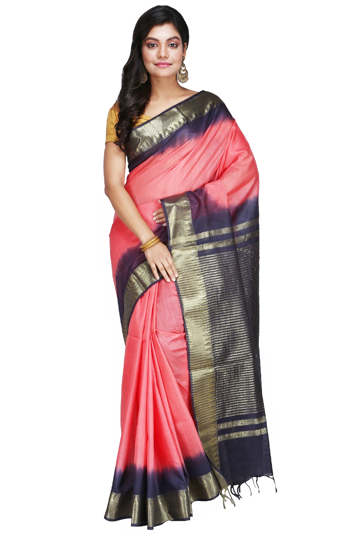Swatika Ethnic Indian Bhagalpuri Handloom Zari Temple Peach-Blue Colored Mix Silk Saree/Sari with an unstitched Blouse Piece Model No - S9OTJJ048
