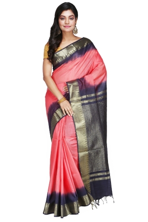 Swatika Ethnic Indian Bhagalpuri Handloom Zari Temple Peach-Blue Colored Mix Silk Saree/Sari with an unstitched Blouse Piece Model No - S9OTJJ048