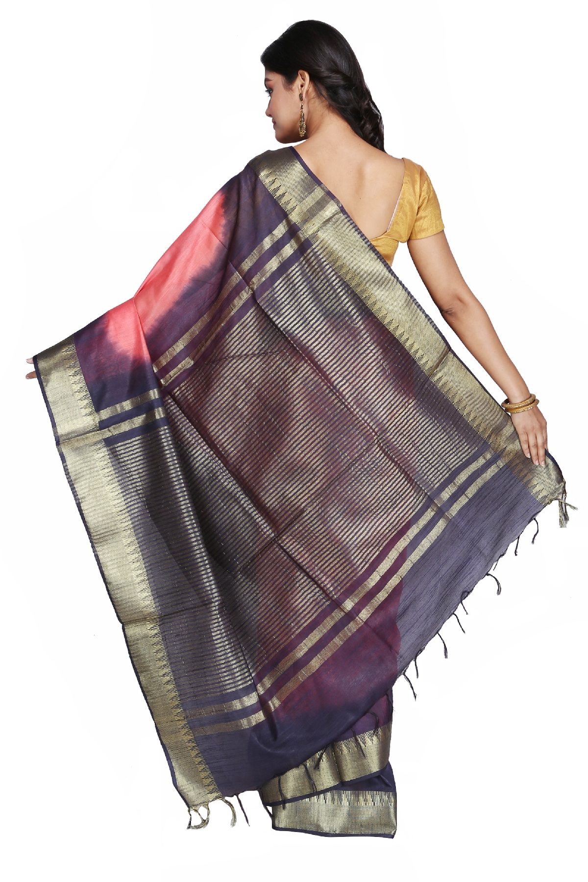 Swatika Ethnic Indian Bhagalpuri Handloom Zari Temple Peach-Blue Colored Mix Silk Saree/Sari with an unstitched Blouse Piece Model No - S9OTJJ048