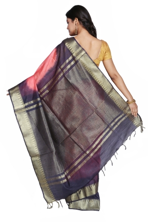 Swatika Ethnic Indian Bhagalpuri Handloom Zari Temple Peach-Blue Colored Mix Silk Saree/Sari with an unstitched Blouse Piece Model No - S9OTJJ048