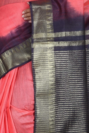 Swatika Ethnic Indian Bhagalpuri Handloom Zari Temple Peach-Blue Colored Mix Silk Saree/Sari with an unstitched Blouse Piece Model No - S9OTJJ048