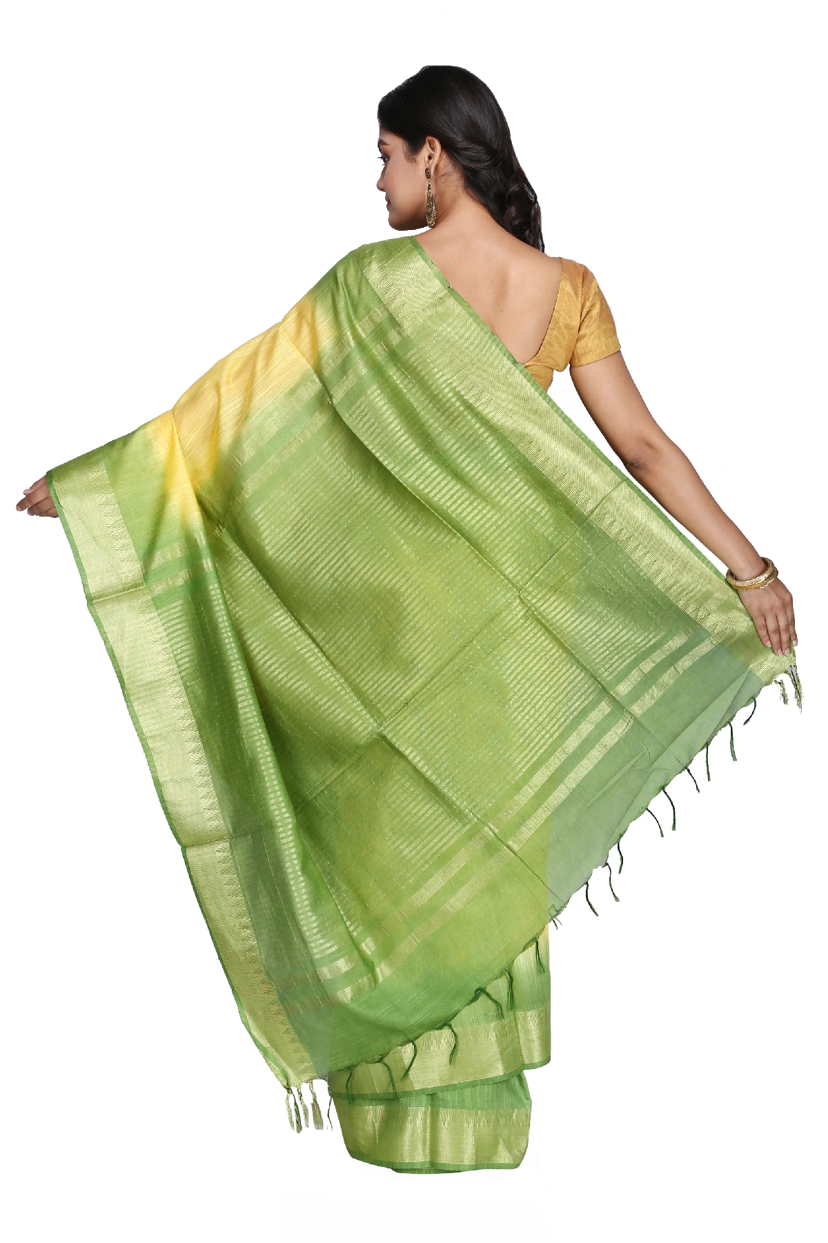 Swatika Ethnic Indian Bhagalpuri Handloom Zari Temple Yellow-Green Colored Mix Silk Saree/Sari with an unstitched Blouse Piece Model No - S9OTJJ042