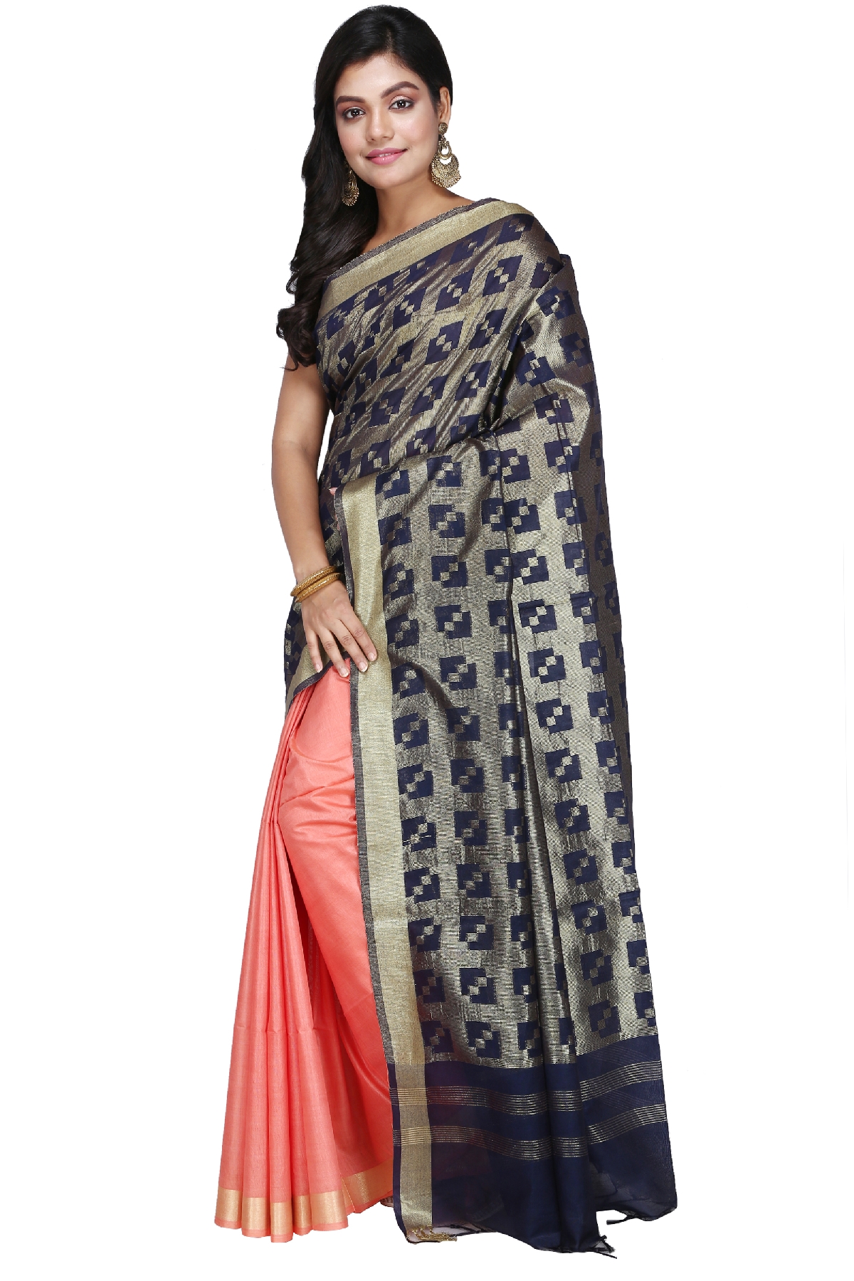 Swatika Ethnic Indian Bhagalpuri Handloom Half - Half Peach-Blue Colored Mix Silk Saree/Sari with an unstitched Blouse Piece Model No - S9OTJJ040