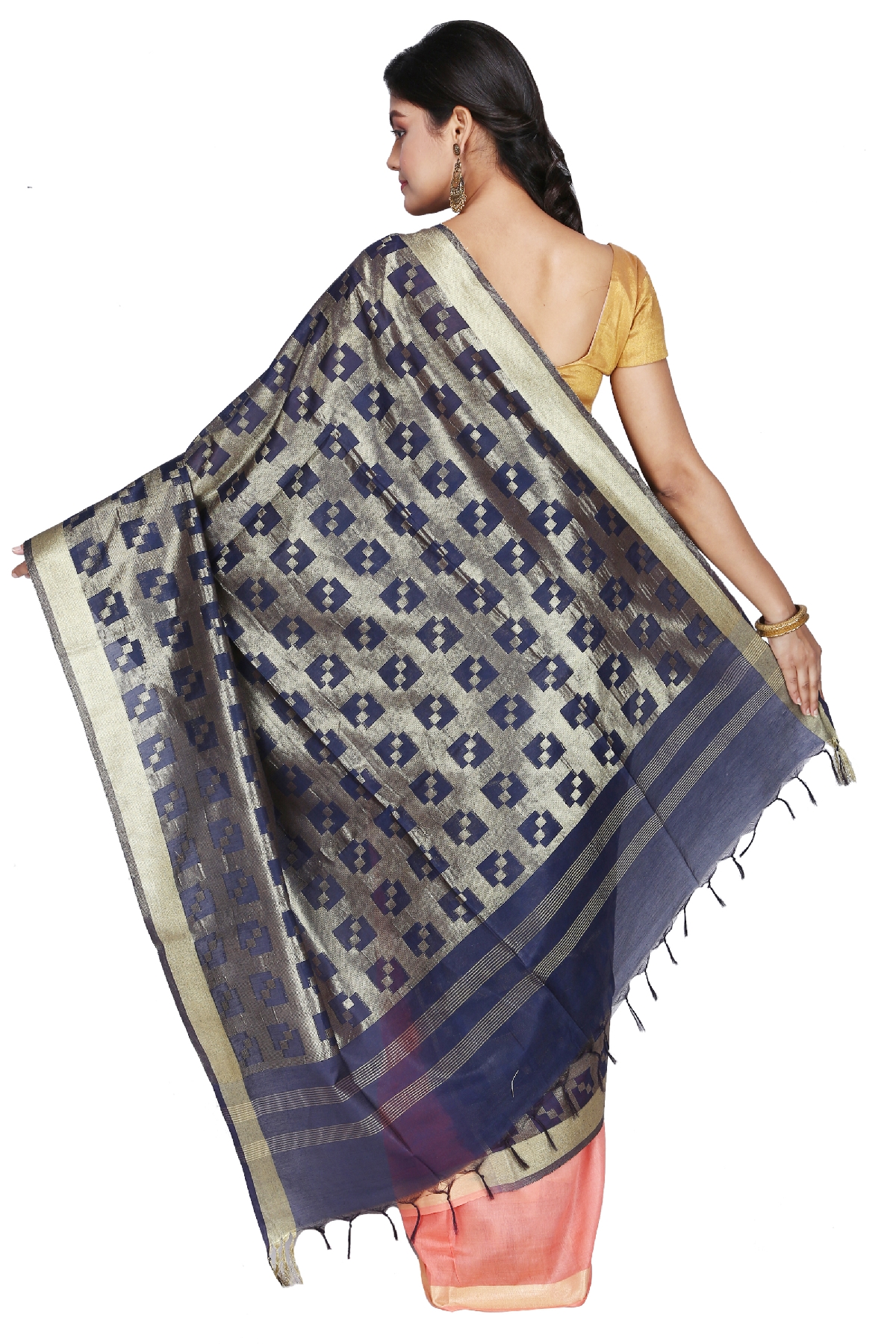 Swatika Ethnic Indian Bhagalpuri Handloom Half - Half Peach-Blue Colored Mix Silk Saree/Sari with an unstitched Blouse Piece Model No - S9OTJJ040