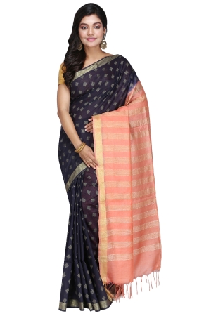 Swatika Ethnic Indian Bhagalpuri Handloom All Over Natural Thread Woven Design Navy Blue - Peach Colored Mix Silk Saree/Sari with an unstitched Blouse Piece Model No - S9OTJJ036