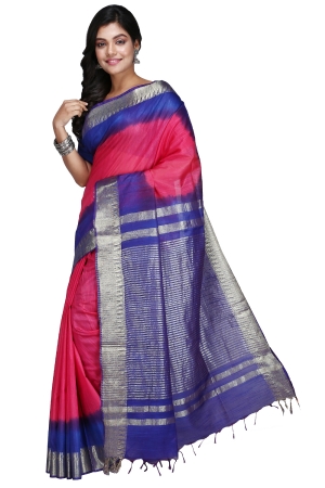 Swatika Ethnic Indian Bhagalpuri Handloom Zari Temple Pink-Blue Colored Mix Silk Saree/Sari with an unstitched Blouse Piece Model No - S9OTJJ025