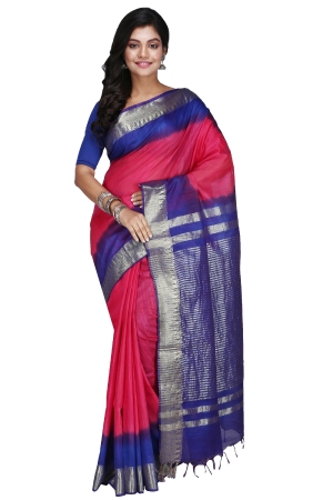 Swatika Ethnic Indian Bhagalpuri Handloom Zari Temple Pink-Blue Colored Mix Silk Saree/Sari with an unstitched Blouse Piece Model No - S9OTJJ025