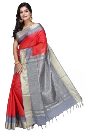 Swatika Ethnic Indian Bhagalpuri Handloom Zari Temple Red - Grey Colored Mix Silk Saree/Sari with an unstitched Blouse Piece Model No - S9OTJJ003