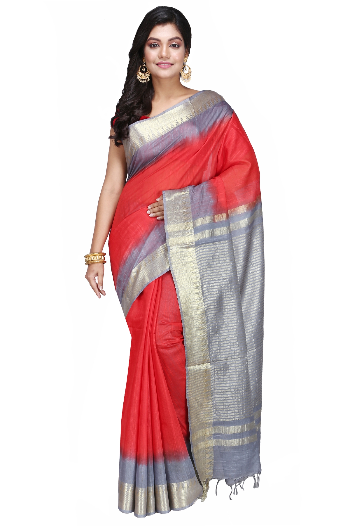 Swatika Ethnic Indian Bhagalpuri Handloom Zari Temple Red - Grey Colored Mix Silk Saree/Sari with an unstitched Blouse Piece Model No - S9OTJJ003