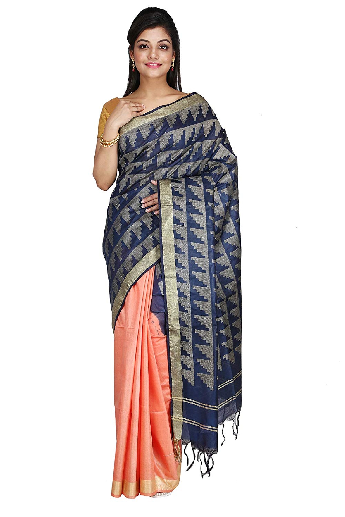 Swatika Ethnic Indian Bhagalpuri Handloom Peach - Blue Colored Art Silk Saree/Sari with an unstitched Blouse Piece Model No -S9FBJJ38