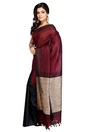 swatika Ethnic Indian Bhagalpuri women's Handloom Katia Aanchal Brown-Maroon Color Linen Saree Sari with an unstitched Blouse