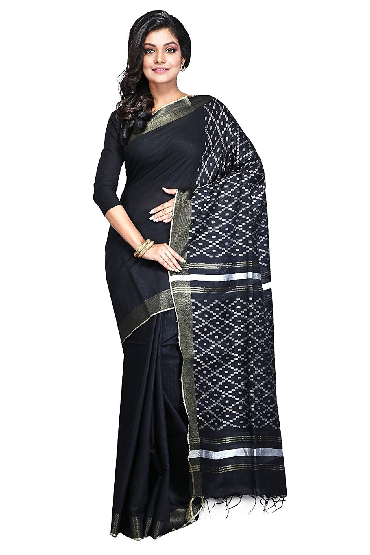 Ethnic Indian Bhagalpuri women's Handloom Black Colour Cotton Silk Saree/Sari with an unstitched Blouse Piece