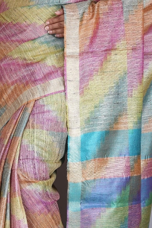 Swatika Ethnic Indian Bhagalpuri Handloom Ikkat Woven Design multicolor Colored Tussar Silk Saree/Sari with an unstitched Blouse Piece Model No - S9OTRD038