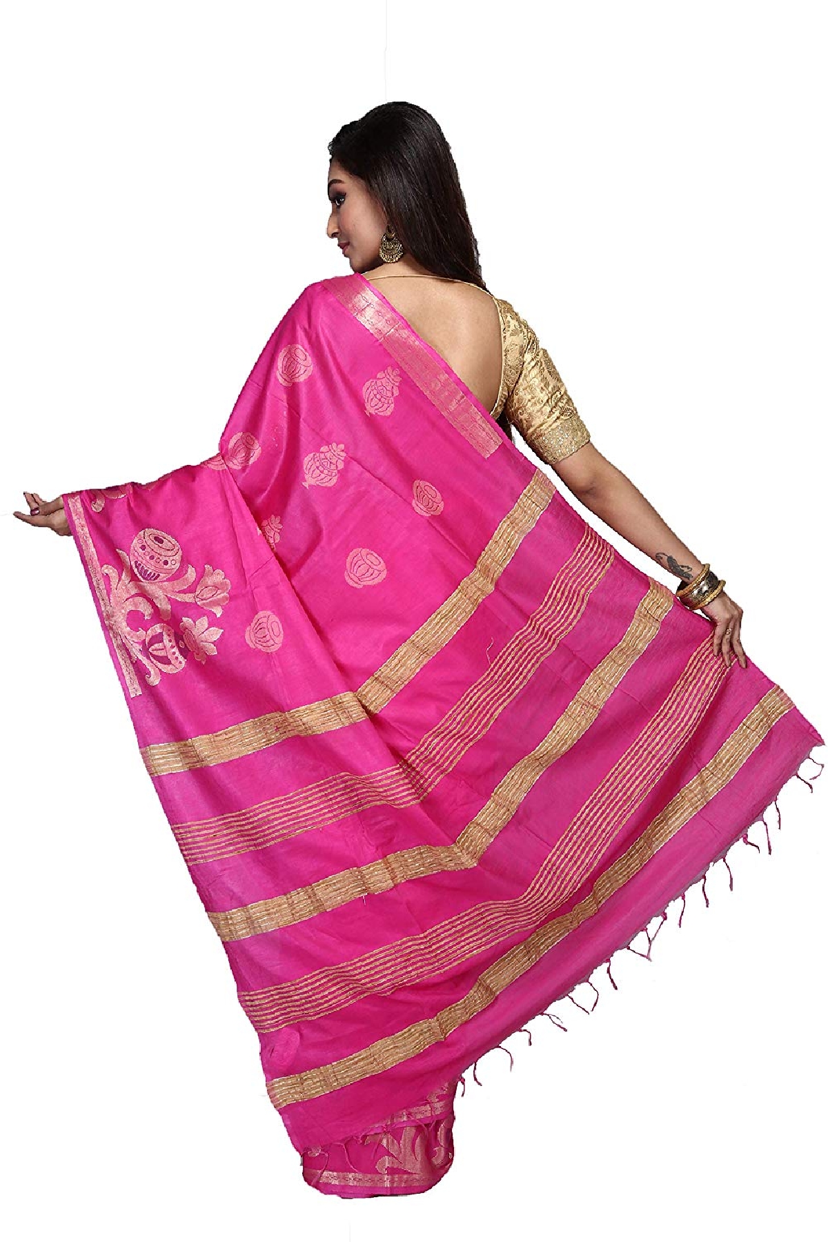Swatika Ethnic Indian Bhagalpuri women's Handloom Pink Colour Cotton Silk Saree/Sari with an unstitched Blouse Piece