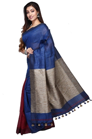 swatika Ethnic Indian Bhagalpuri women's Handloom Katia Aanchal Blue color Linen Saree/Sari with an unstitched Blouse