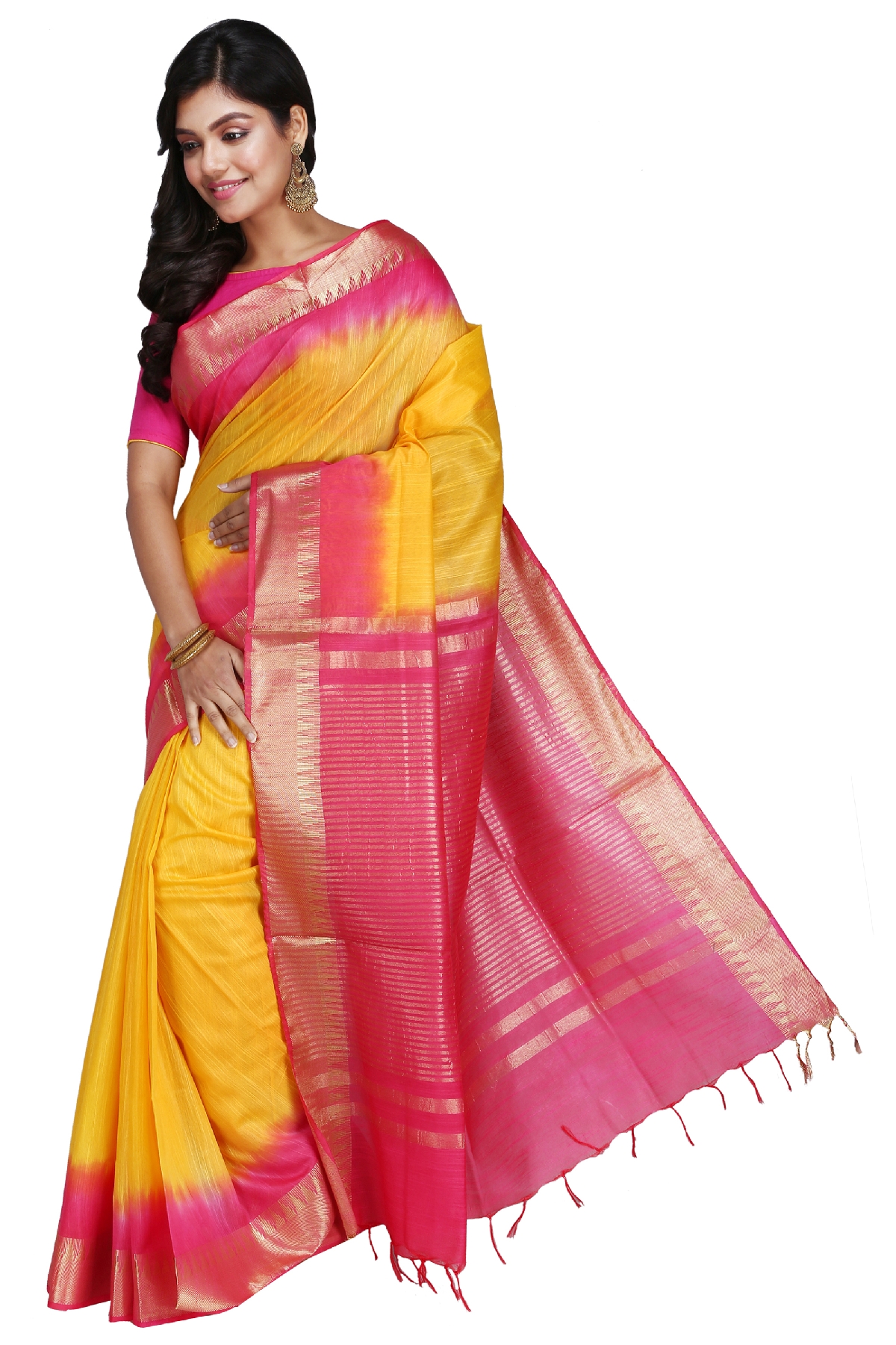 Swatika Ethnic Indian Bhagalpuri Handloom Zari Temple Yellow-Pink Colored Mix Silk Saree/Sari with an unstitched Blouse Piece Model No - S9OTJJ071