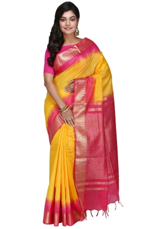 Swatika Ethnic Indian Bhagalpuri Handloom Zari Temple Yellow-Pink Colored Mix Silk Saree/Sari with an unstitched Blouse Piece Model No - S9OTJJ071