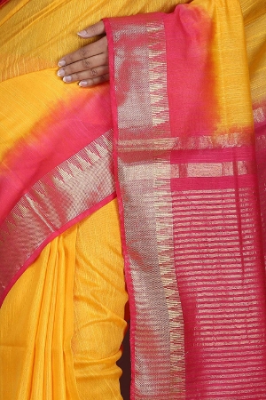 Swatika Ethnic Indian Bhagalpuri Handloom Zari Temple Yellow-Pink Colored Mix Silk Saree/Sari with an unstitched Blouse Piece Model No - S9OTJJ071