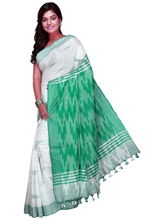 Swatika Ethnic Indian Bhagalpuri Handloom Ikkat Design White-Sea Green Colored Slub Saree/Sari with an unstitched Blouse Piece Model No - S9OTML118
