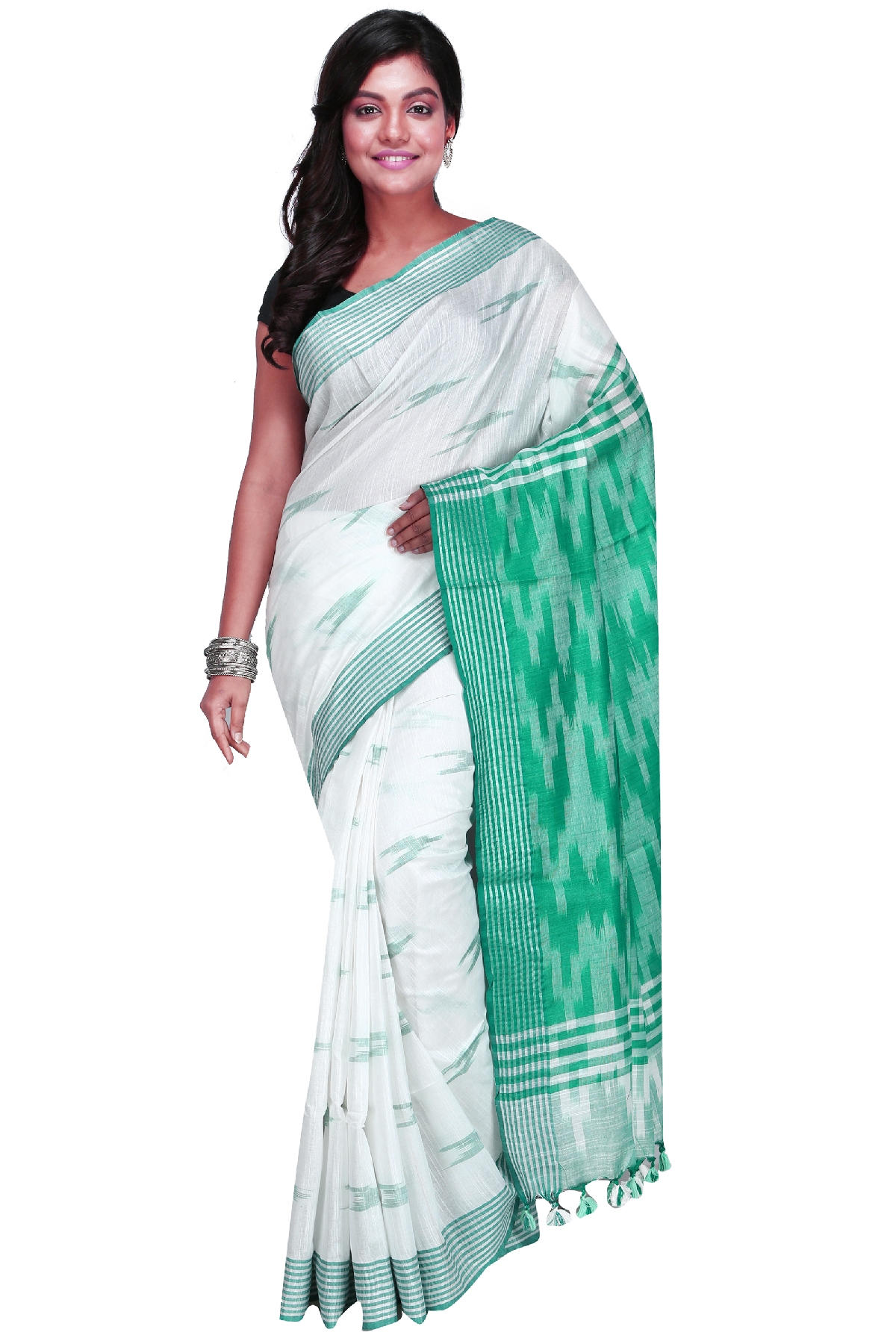 Swatika Ethnic Indian Bhagalpuri Handloom Ikkat Design White-Sea Green Colored Slub Saree/Sari with an unstitched Blouse Piece Model No - S9OTML118