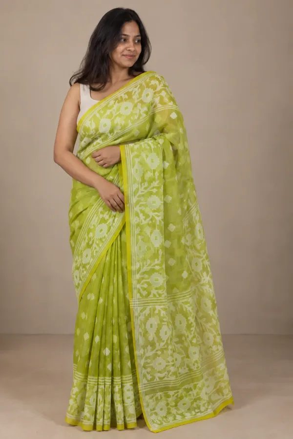 Muslin Trending Light Green Saree Shantipur West Bengal