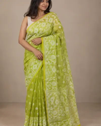 Muslin Trending Light Green Saree Shantipur West Bengal