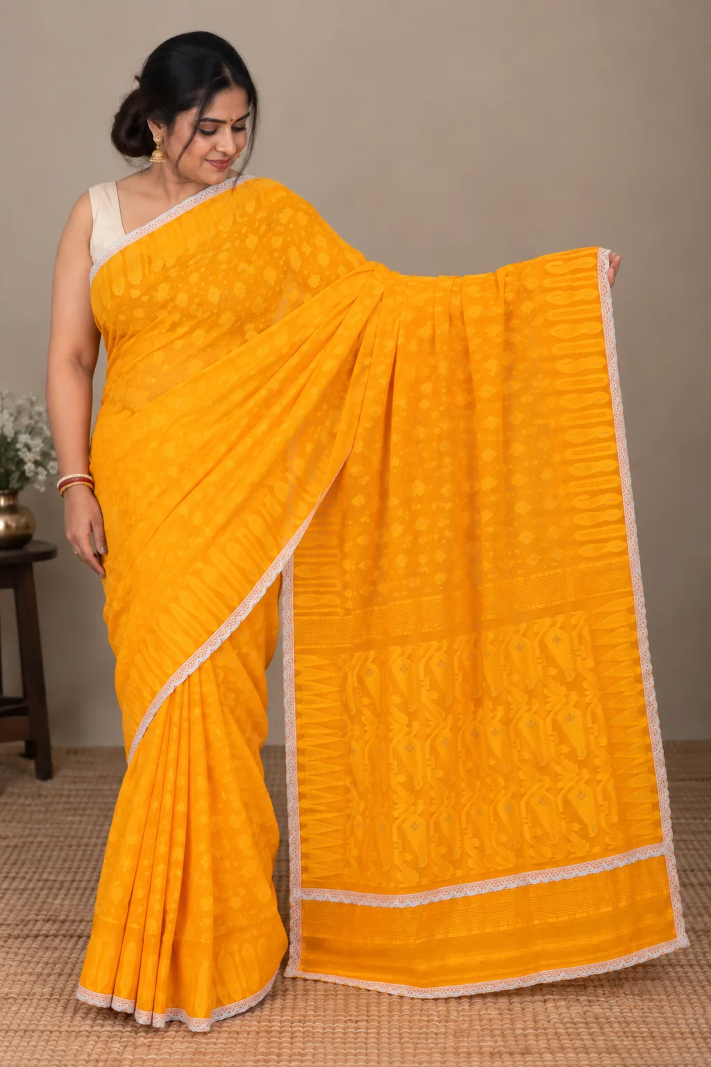 Customised Achal Yellow Saree