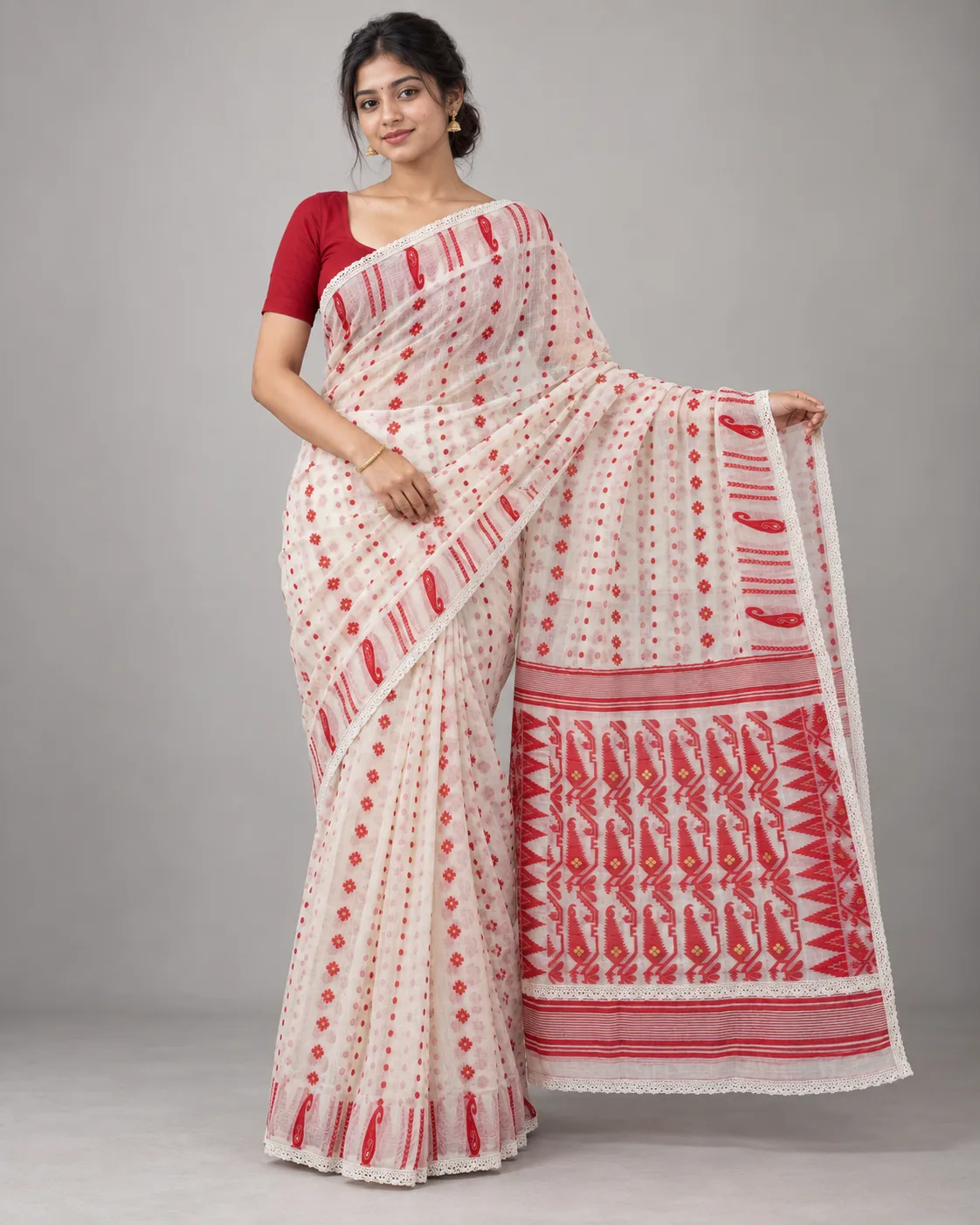 Customised Achal Red White Saree