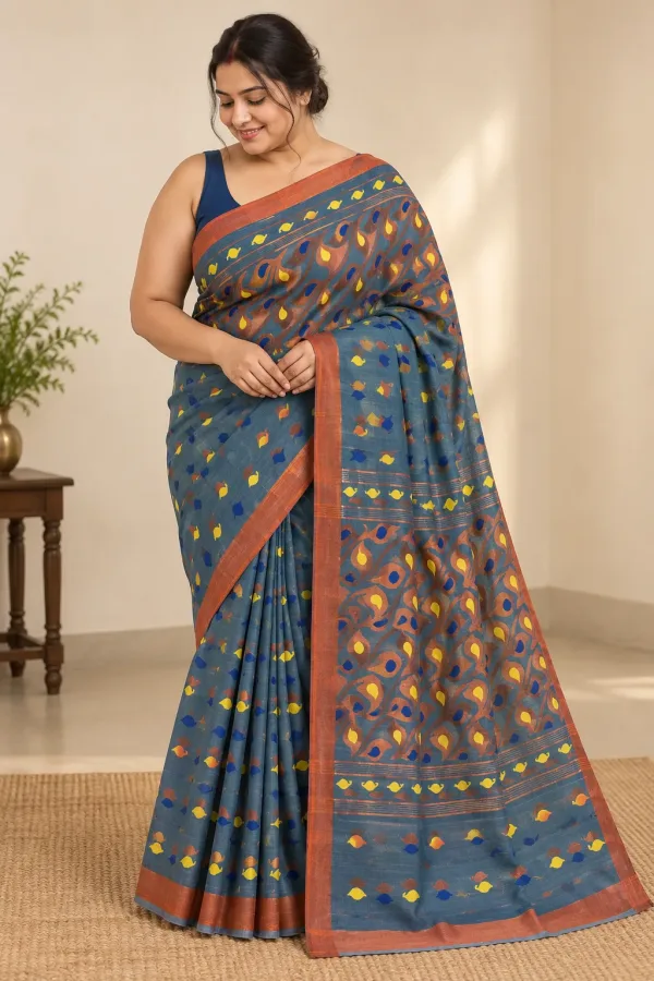 Handloom Mouchak Blue Saree Shantipur Handwoven Saree