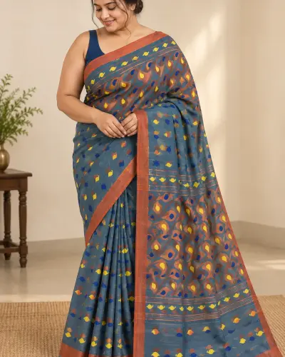 Handloom Mouchak Blue Saree Shantipur Handwoven Saree