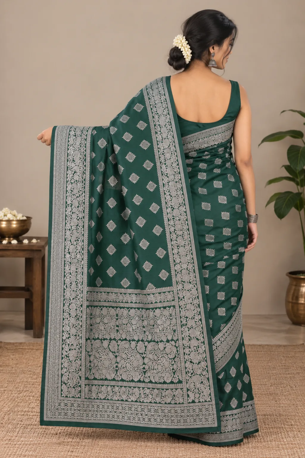 Jamdani Silk Green Saree