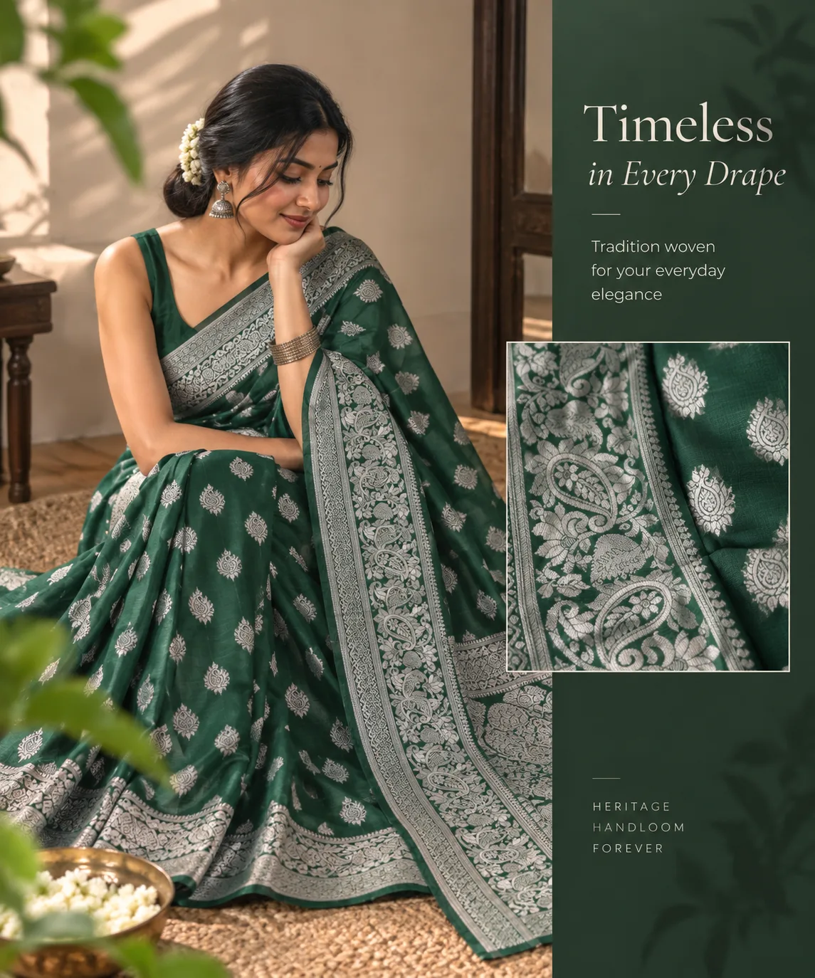 Jamdani Silk Green Saree