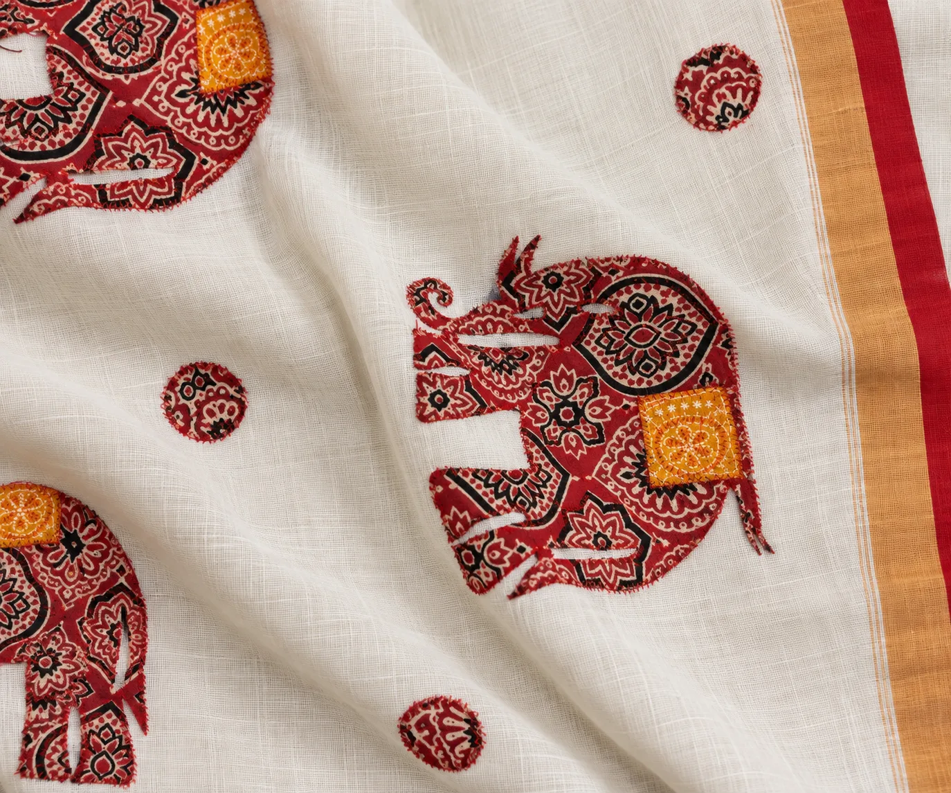 Shantipur Katha Stitched Red Elephant Saree