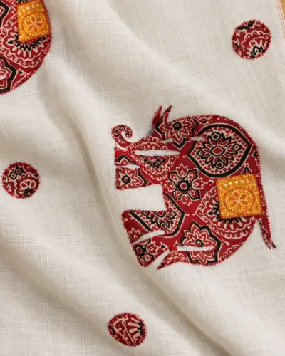 Shantipur Katha Stitched Red Elephant Saree