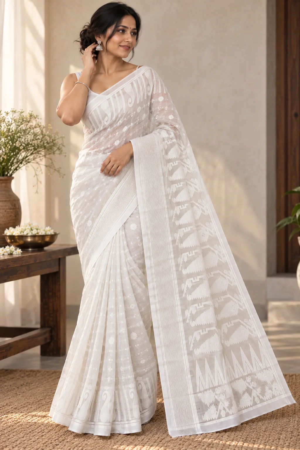 Floral White Saree