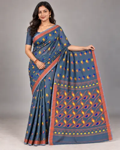 Handloom Mouchak Blue Saree Shantipur Handwoven Saree