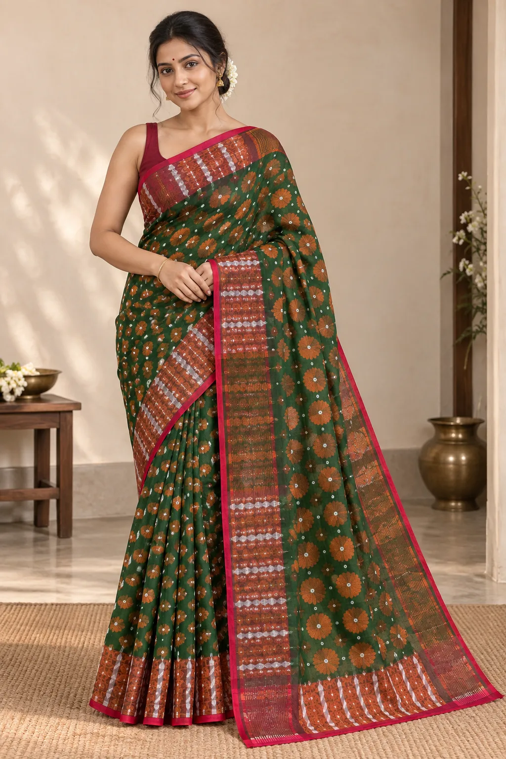 Handloom Flower Green Saree