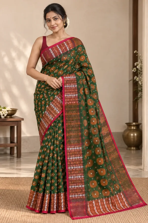 Handloom Flower Green Saree