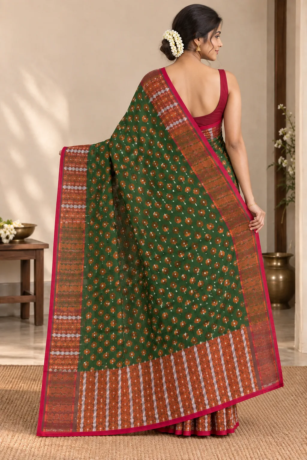 Handloom Flower Green Saree