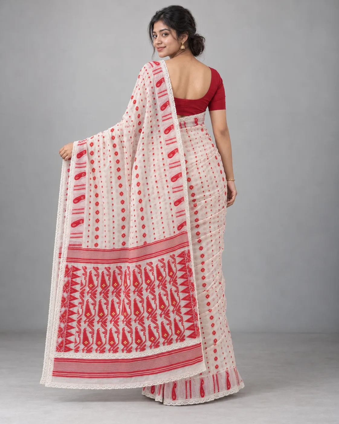 Customised Achal Red White Saree
