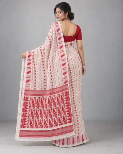 Customised Achal Red White Saree
